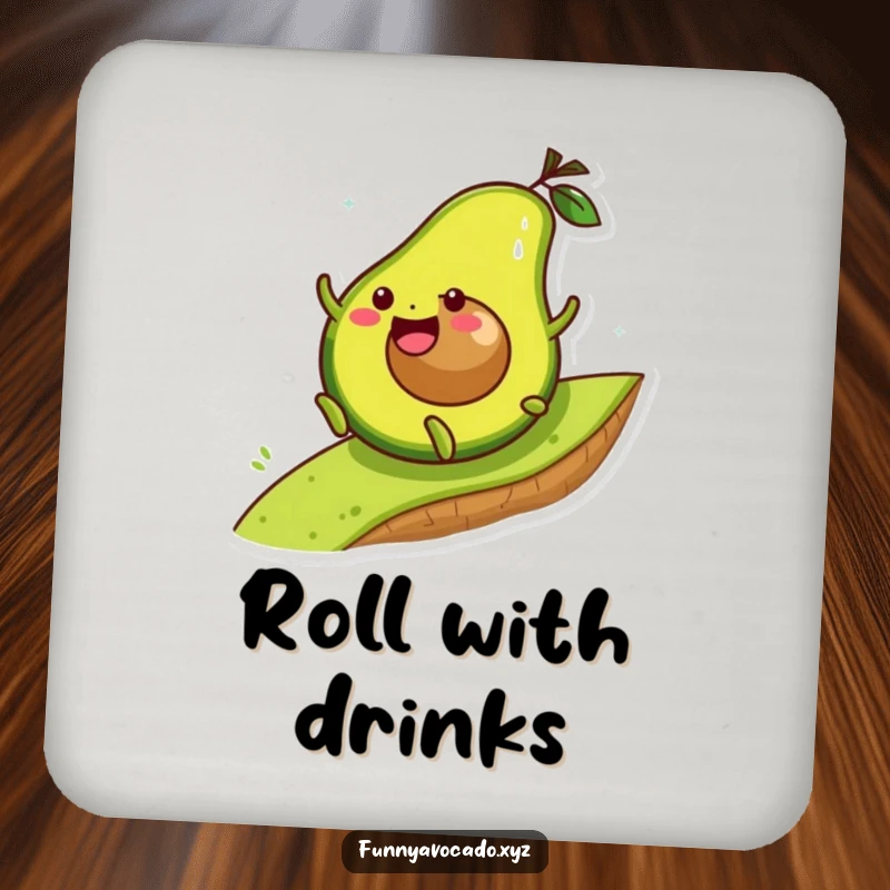 Funny avocado character joyfully rolling down a hill, a protective and humorous drink coaster.