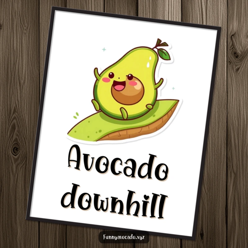 Funny avocado character joyfully rolling down a hill, vibrant and humorous wall art for an energetic room.