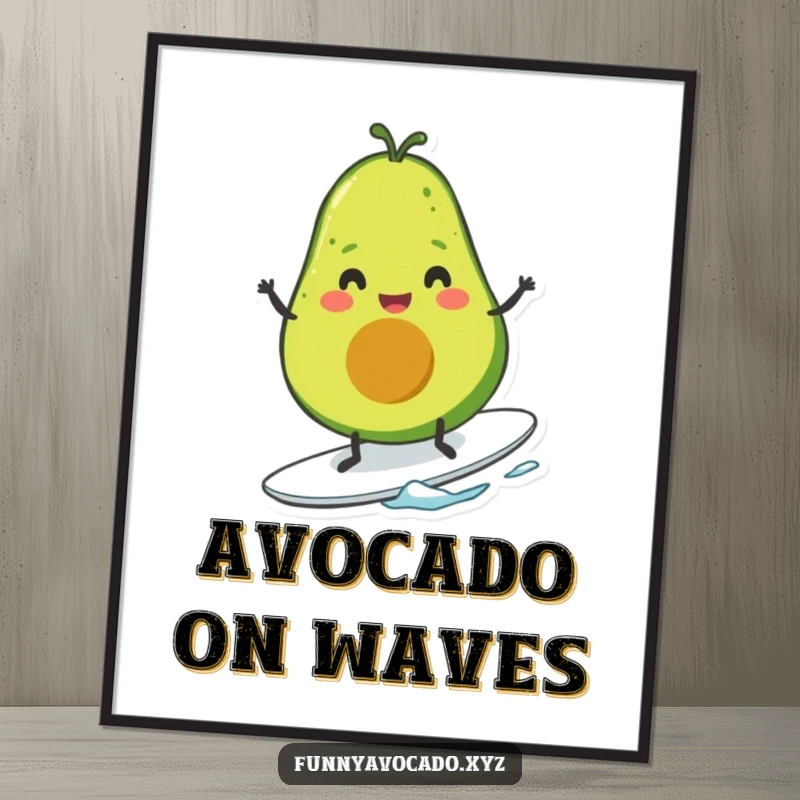 Funny avocado with tiny legs cheerfully surfing, vibrant and humorous wall art for a joyful atmosphere.