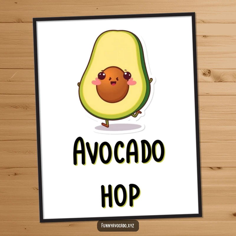 Funny avocado slice character doing a little hop with joy, vibrant and humorous wall art for a happy atmosphere.