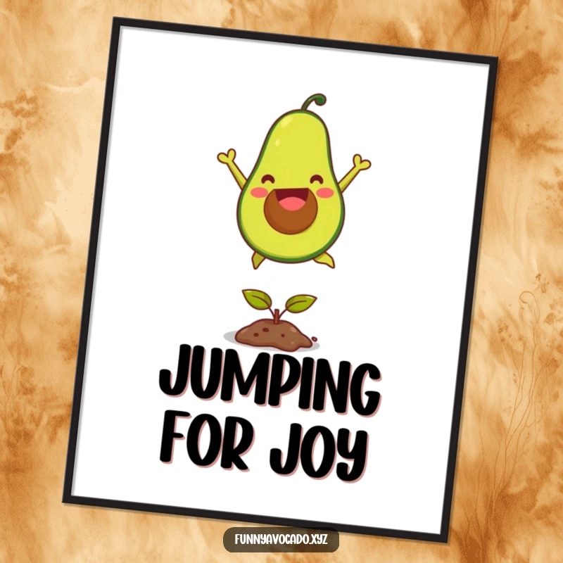 Funny joyful avocado poster, captured in a triumphant leap over a seedling, creating an inspirational and humorous wall art.