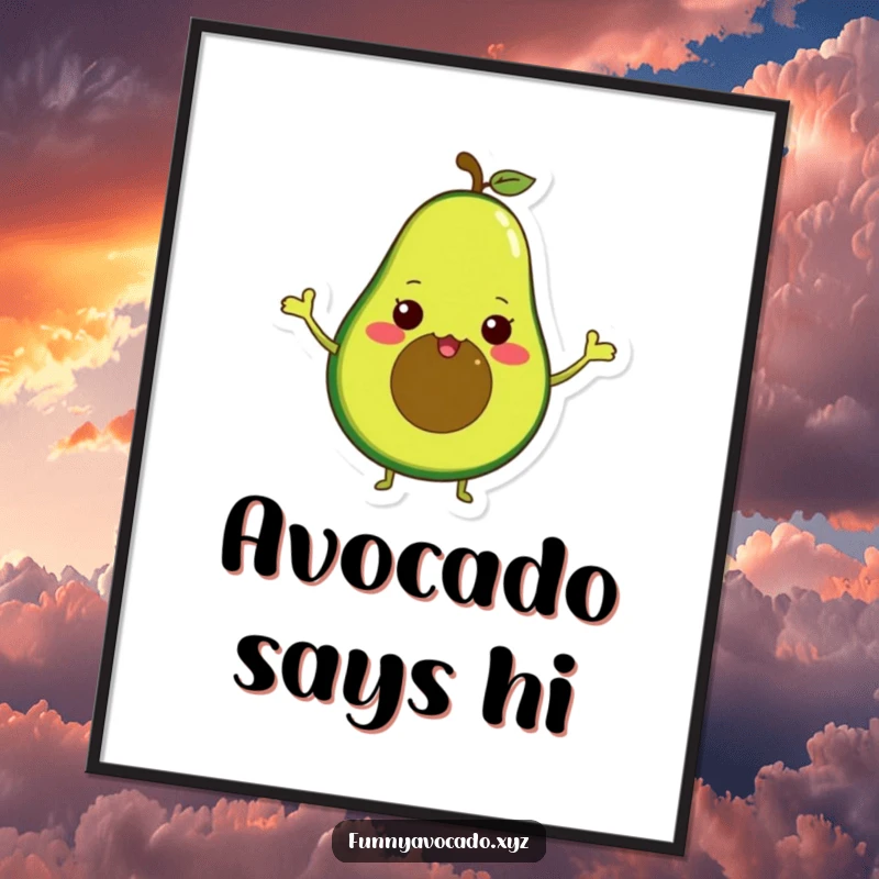 Funny avocado with tiny arms waving excitedly, vibrant and humorous wall art for a happy atmosphere.