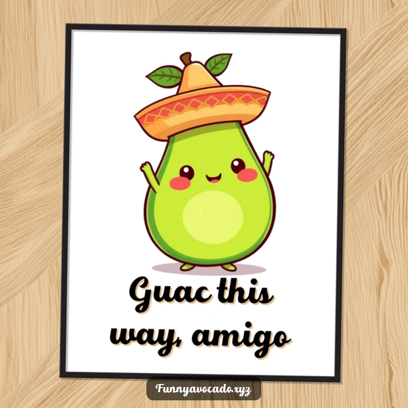 Funny avocado character balancing a miniature sombrero on a vibrant poster, whimsical wall art, showcasing playful charm and avocado delight.