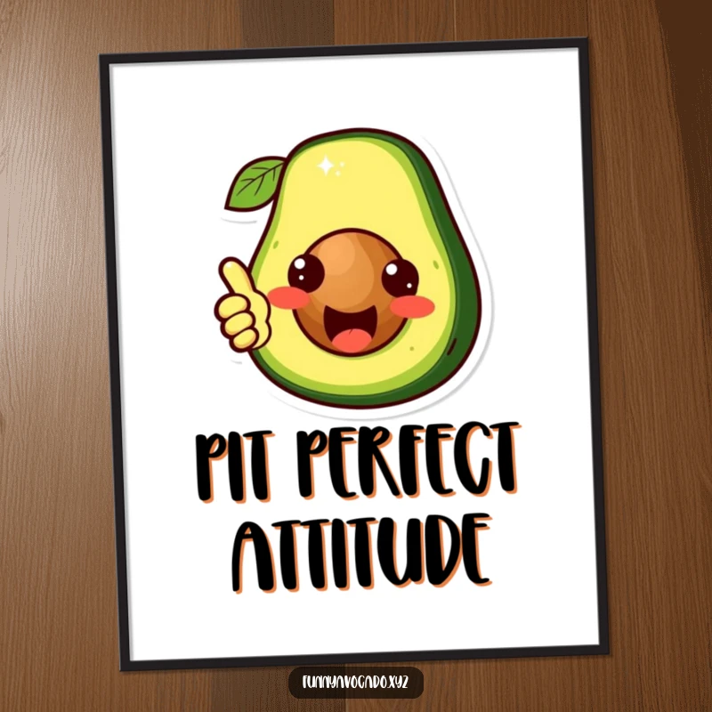 Funny cute avocado character artwork, its pit giving a thumbs up, radiating positivity on a poster, a humorous and uplifting piece.