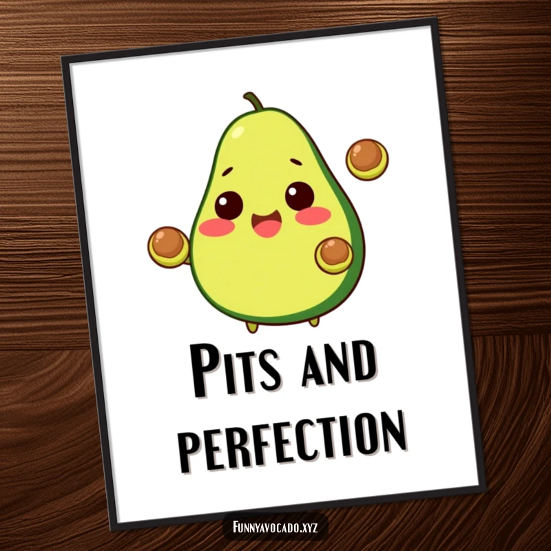 Funny Avocado Poster: A cheerful avocado expertly juggling two small pits, an amusing and skillful display.