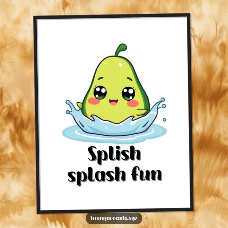 Funny avocado with wide googly eyes joyfully splashing, vibrant and humorous wall art for a playful space.