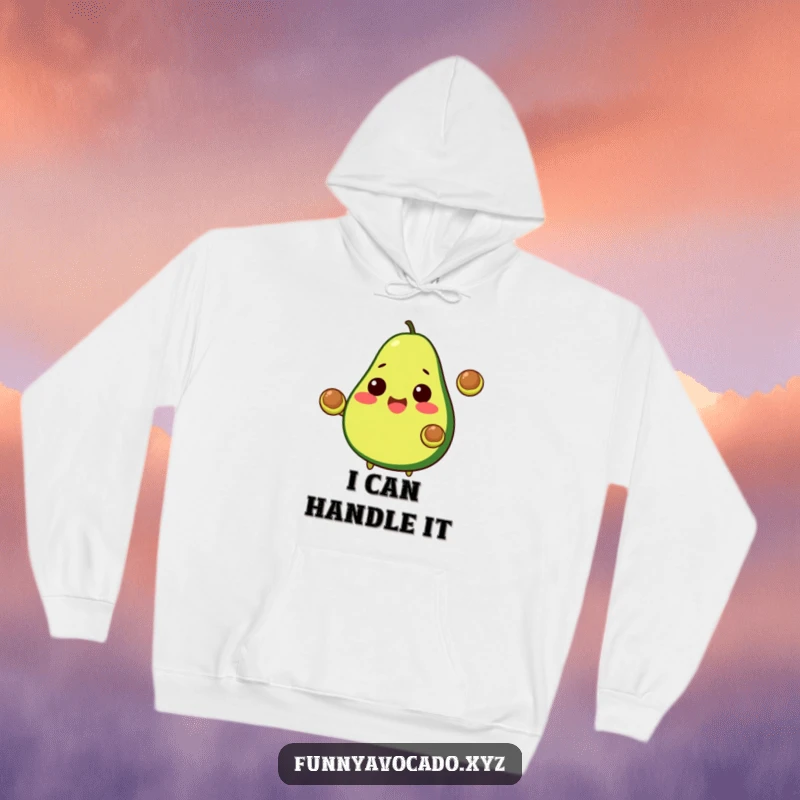 Funny Avocado Hoodie: A cheerful avocado caught in the act of juggling two pits, cozy and full of funny action.