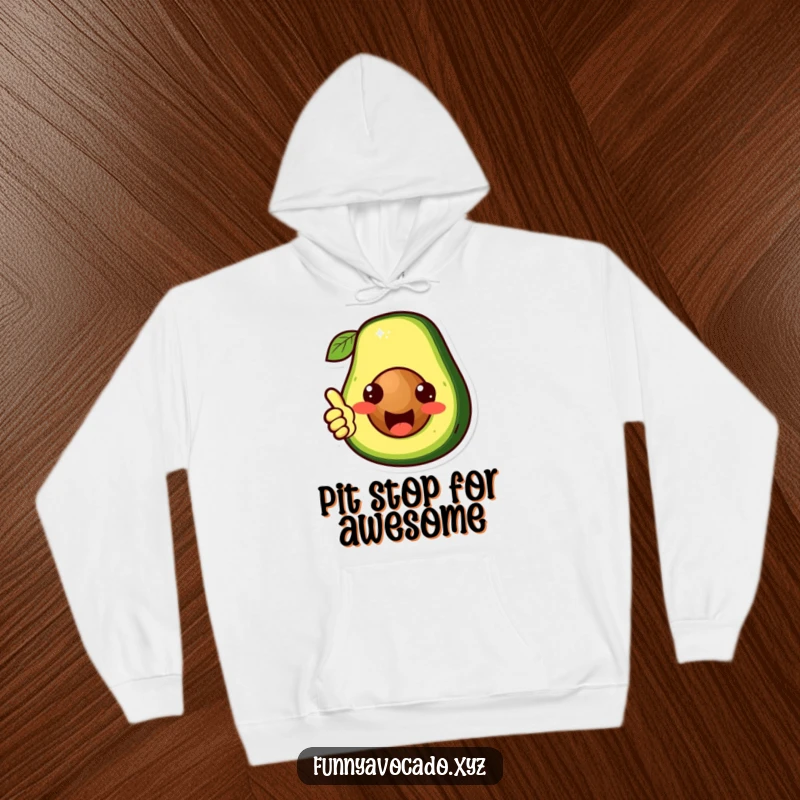 Funny cute avocado character hoodie, its pit giving a thumbs up, soft and warm, offering a humorous and positive vibe.