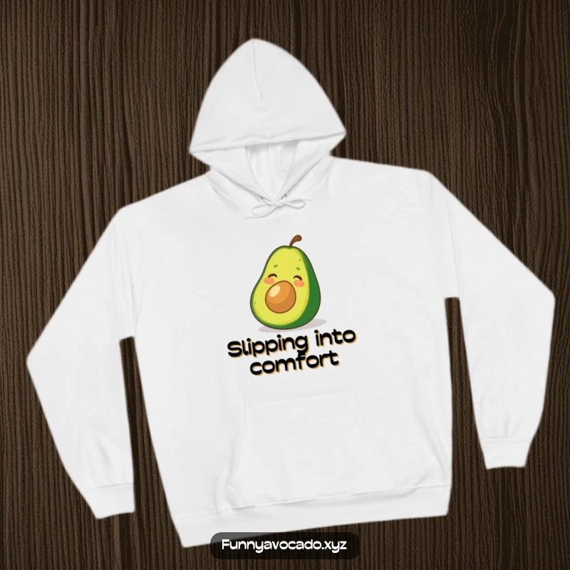 Funny Avocado Hoodie: A giggling avocado caught mid-slide down a smooth green peel, cozy and full of funny energy.