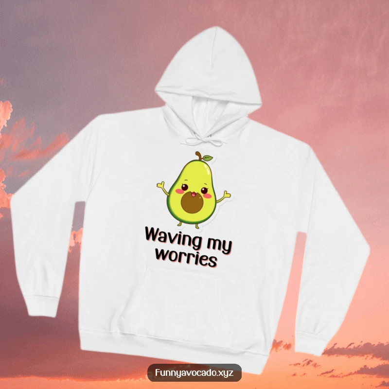 Funny avocado character with tiny arms waving excitedly, a soft and humorous hoodie for cozy comfort.
