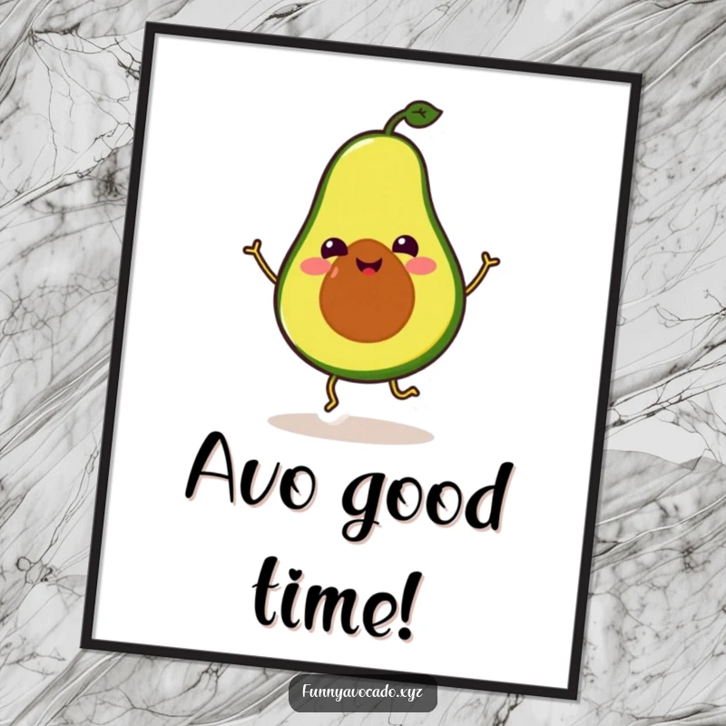 Funny Free Printable Wall Art: A smiling avocado with tiny stick legs performing a hilarious, energetic dance move with pure joy.