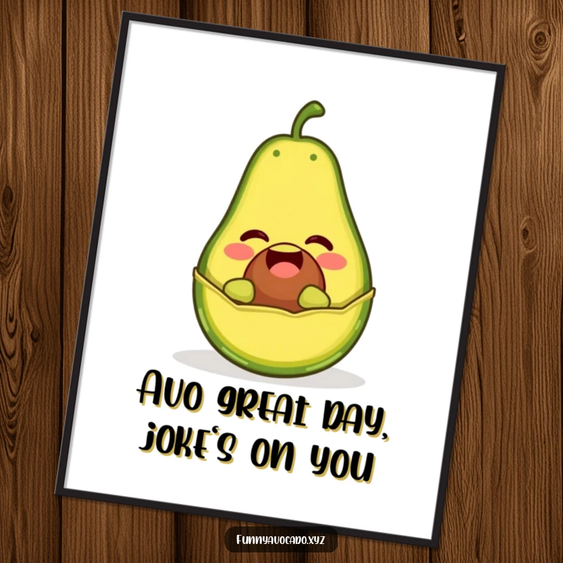 Funny Free Printable Wall Art depicting a giggling avocado character popping out of its peel like a jack-in-the-box, full of personality.