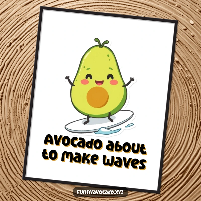 Funny Free Printable Wall Art: A grinning avocado character with short legs rides a surfboard, exuding pure joy and sunny vibes.