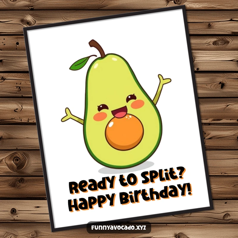 Funny Free Printable Wall Art: An excited avocado performing a hilarious happy split, great for DIY decor.