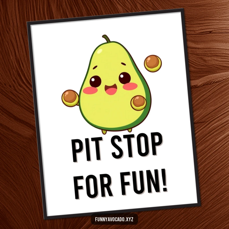 Funny Free Printable Wall Art: A cheerful avocado with a smile, skillfully juggling two small avocado pits in mid-air.