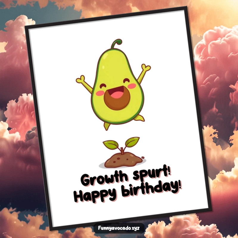 Funny Free Printable Wall Art: A joyful avocado is jumping over a tiny seedling. Unique DIY decor.