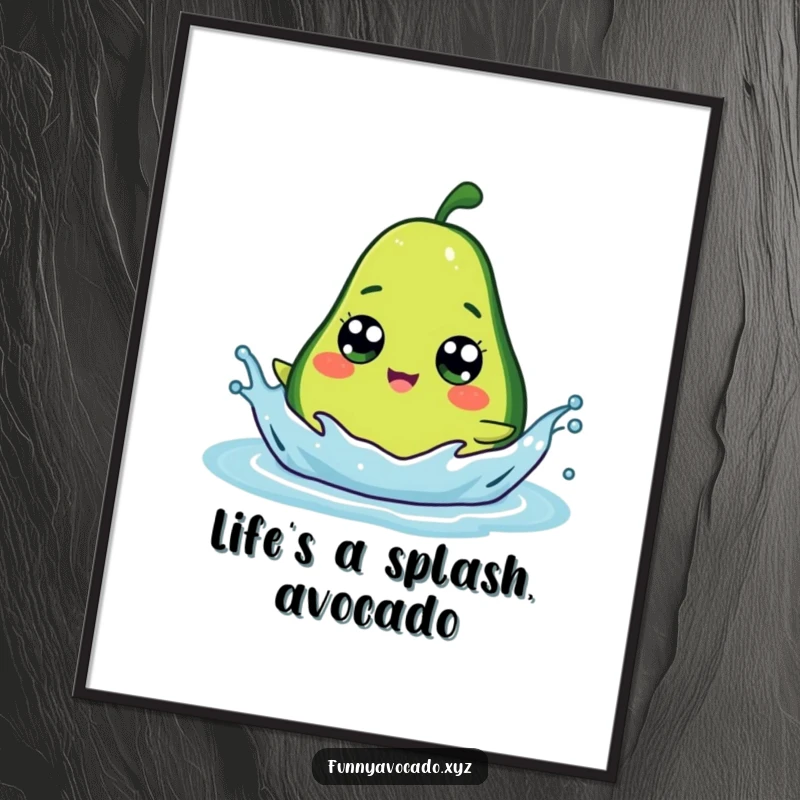 Funny Free Printable Wall Art: An avocado with wide, googly eyes joyfully splashes water, creating a dynamic and humorous visual.