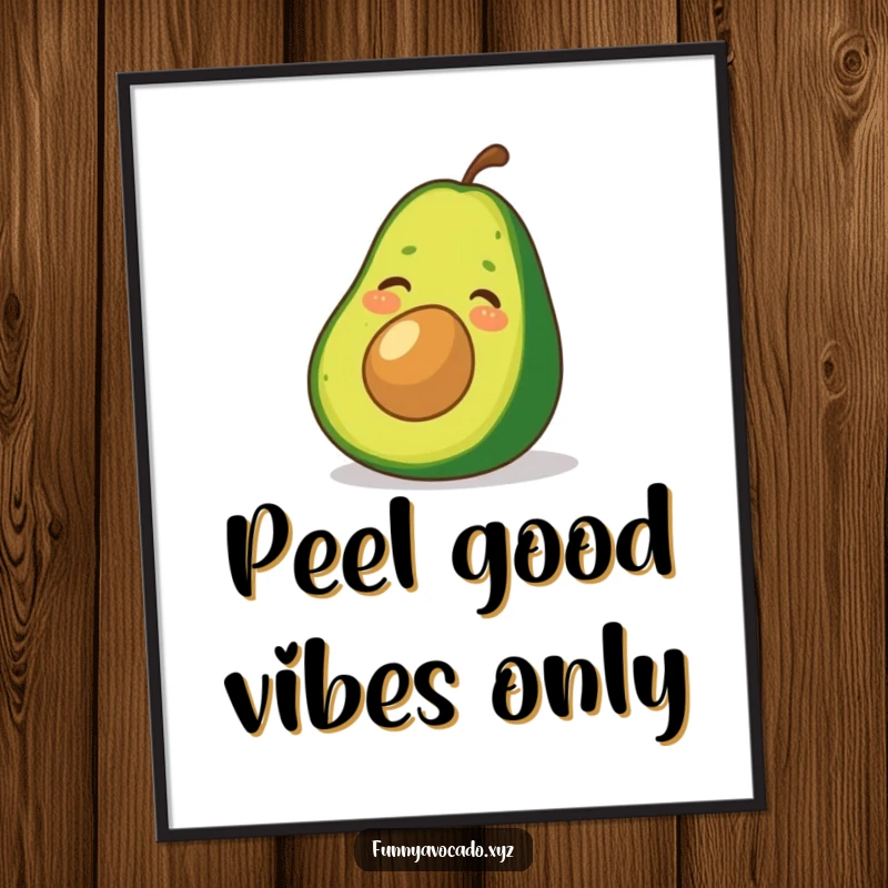 Funny Free Printable Wall Art: A happy, giggling avocado smoothly sliding down a vibrant green avocado peel with a look of pure fun.