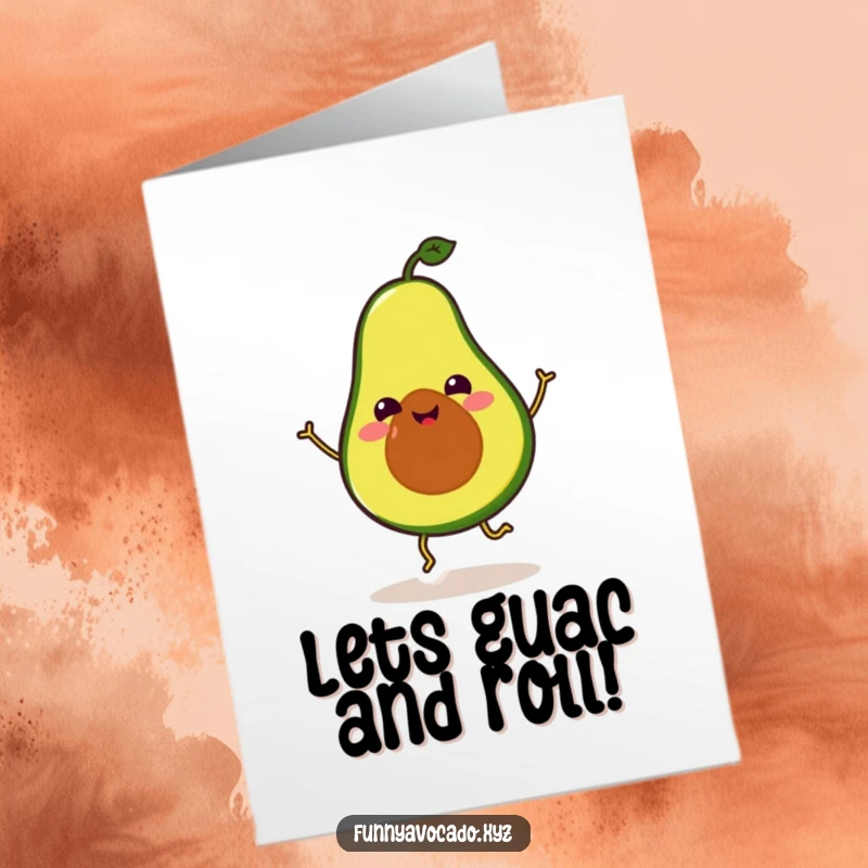 Funny Free Printable Birthday Card: A smiling avocado with tiny legs enthusiastically performing a silly, joyful dance move.