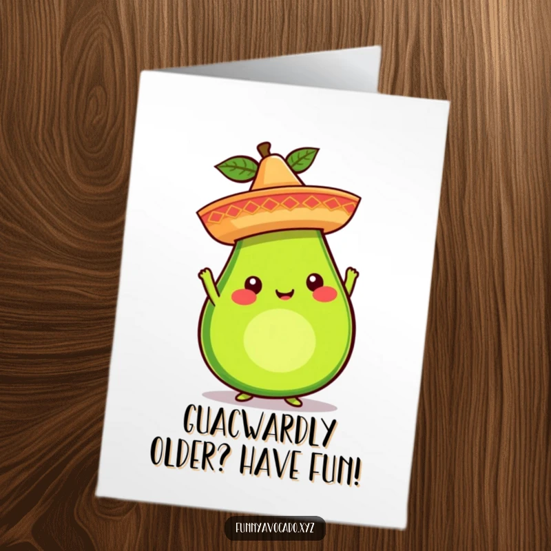 Funny Free Printable Birthday Card: Whimsical avocado balancing a tiny sombrero, ready to party. A downloadable gift for festive occasions.