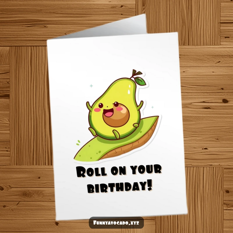 Funny Free Printable Birthday Card: A gleeful avocado character tumbles down a grassy hill, pure delight on its face for a birthday.