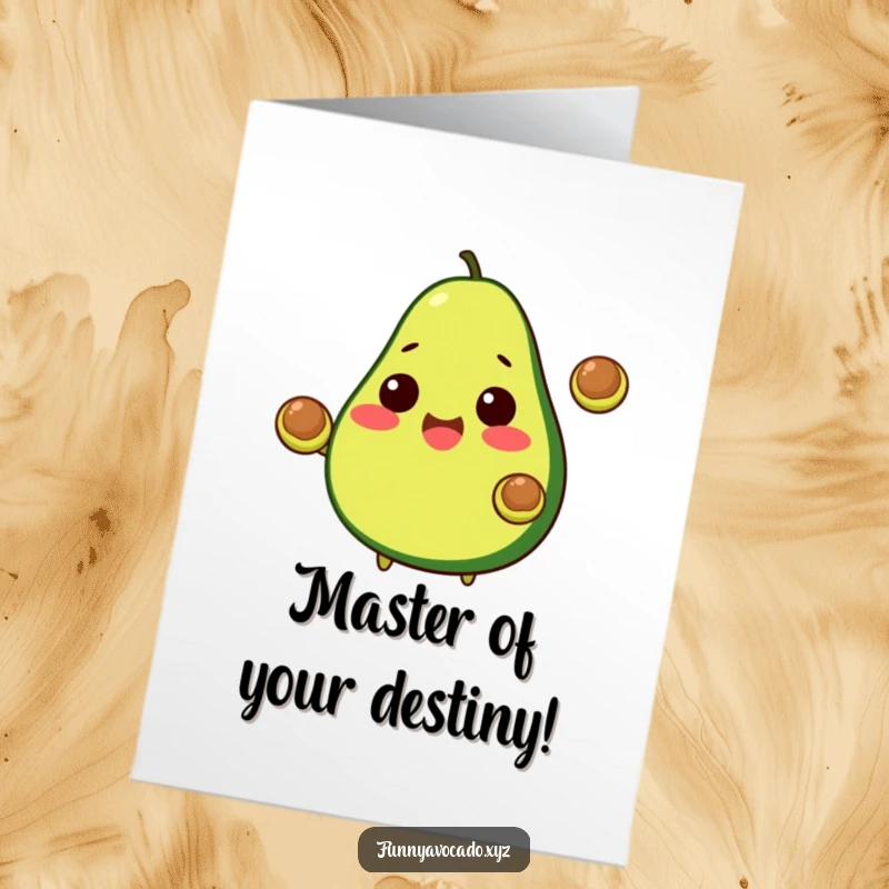 Funny Free Printable Congrats Card: A cheerful avocado skillfully juggling two small pits, celebrating a fantastic accomplishment with flair.