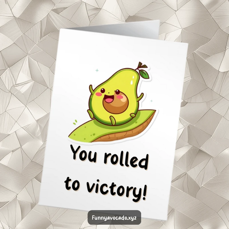 Funny Free Printable Congrats Card: An overjoyed avocado character rolls down a green hill, celebrating a triumphant achievement with pure bliss.