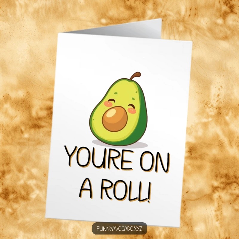 Funny Free Printable Congrats Card: A happy avocado sliding down a green peel, laughing with pure delight and ease.