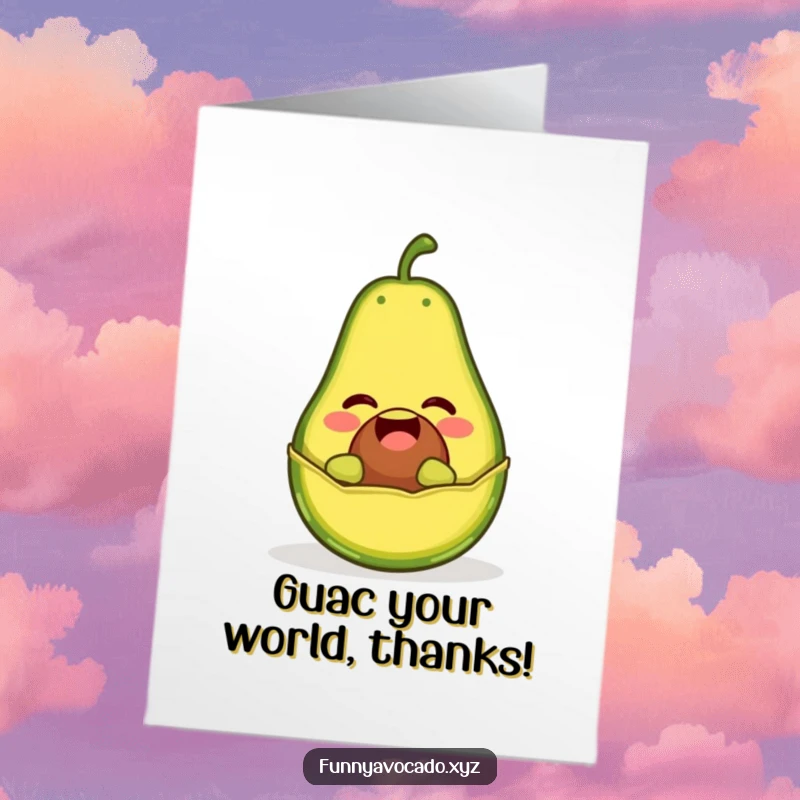 Funny Free Printable Thank You Card of a giggling avocado character popping out of its peel like a jack-in-the-box, spreading cheer.