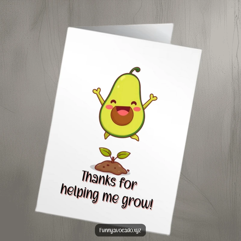 Funny Free Printable Thank You Card: A joyful avocado leaping over a tiny seedling. Easy to print.