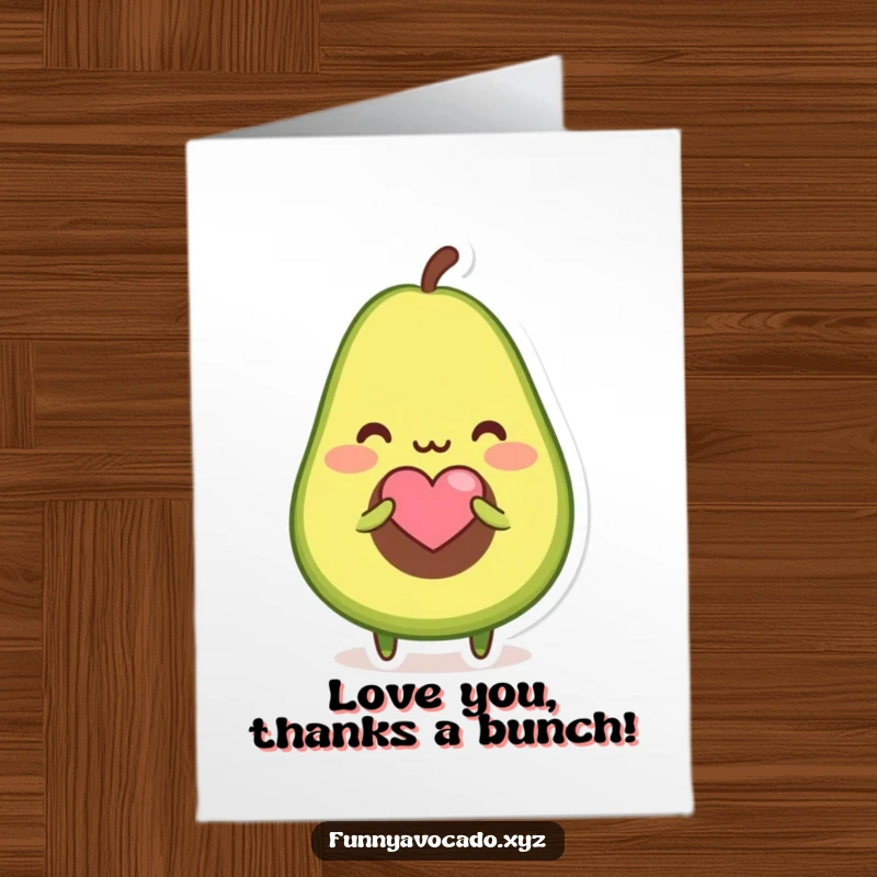 Funny Free Printable Thank You Card of a blushing avocado character offering a tiny heart shaped seed, conveying love and thanks.