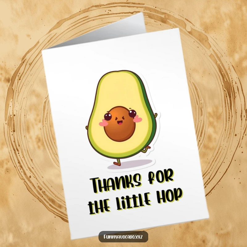 Funny Free Printable Thank You Card: A happy avocado slice character does a little hop, conveying thanks with a playful and sweet gesture.