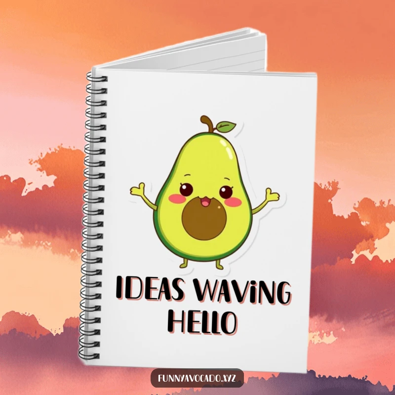 Funny avocado with tiny arms waving excitedly, a lined notebook for cheerful and humorous writing.
