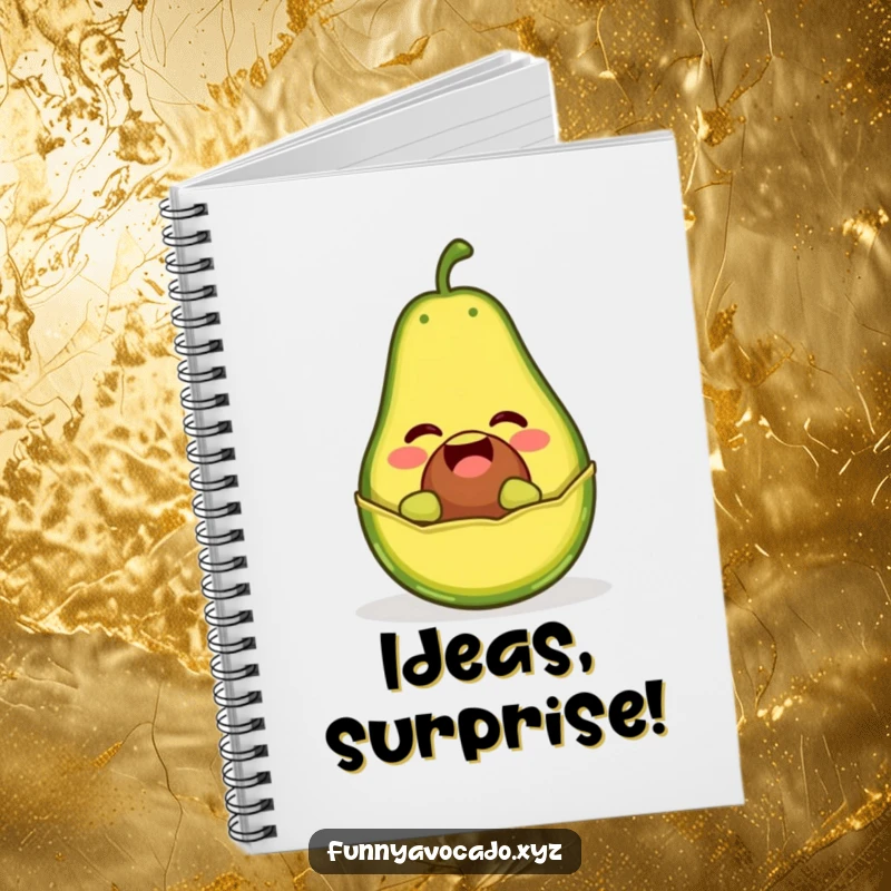 Funny notebook with a giggling avocado character popping out of its peel like a jack-in-the-box, great for notes.