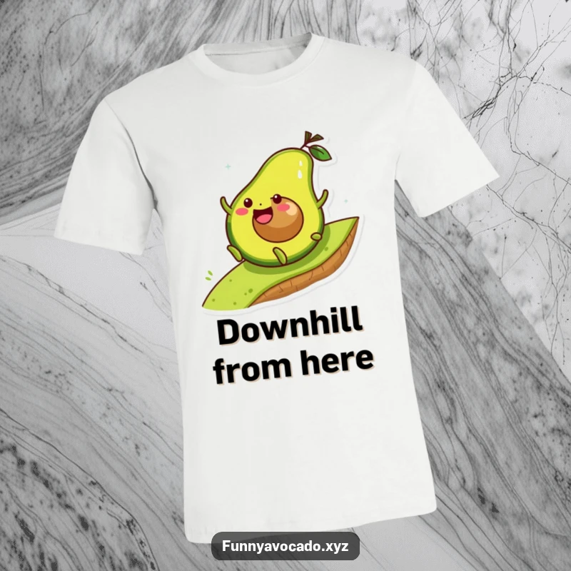 Funny avocado character joyfully rolling down a hill with eyes closed in delight, a humorous t-shirt.