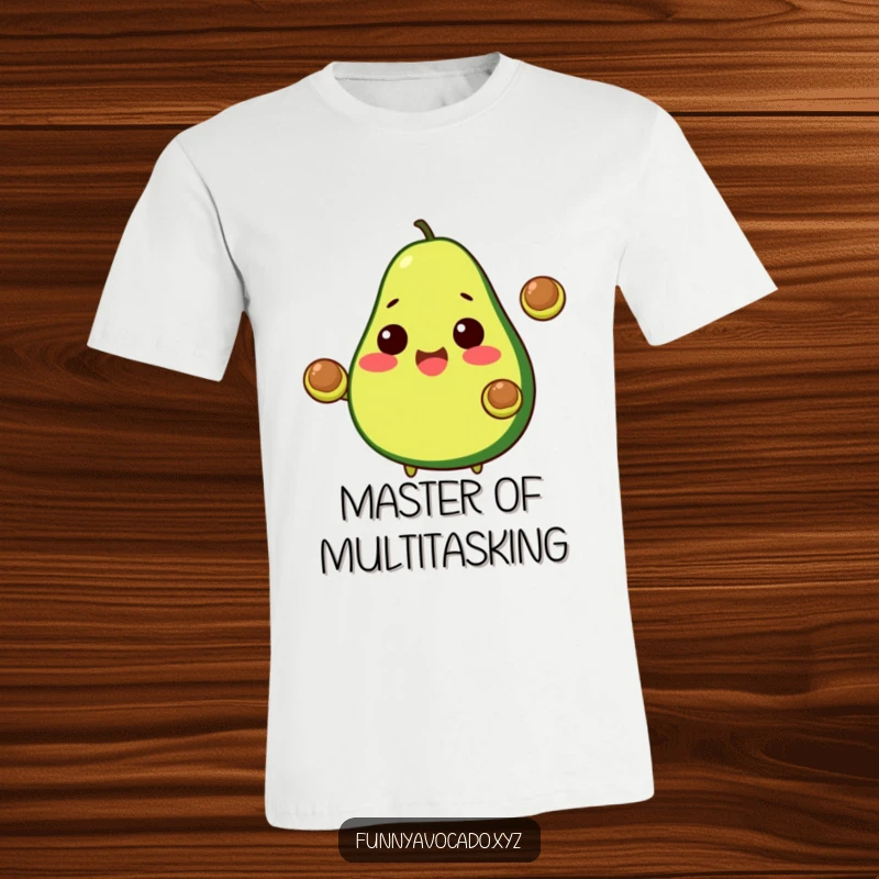 Funny Avocado T-Shirt: A happy avocado skillfully juggling two pits, a humorous depiction of multitasking.
