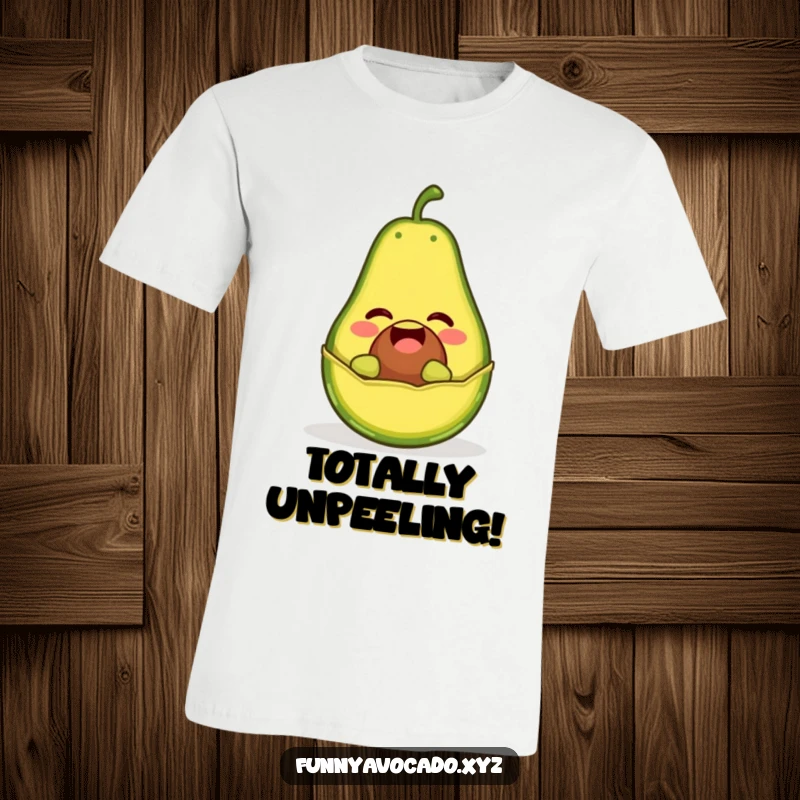 Funny t-shirt showing a giggling avocado character popping out of its peel like a jack-in-the-box, a hilarious surprise.