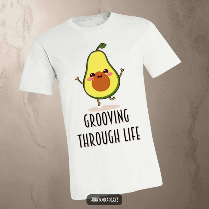 Funny Avocado T-Shirt: A happy avocado with tiny legs doing a comical, silly dance, radiating pure joy and humor.