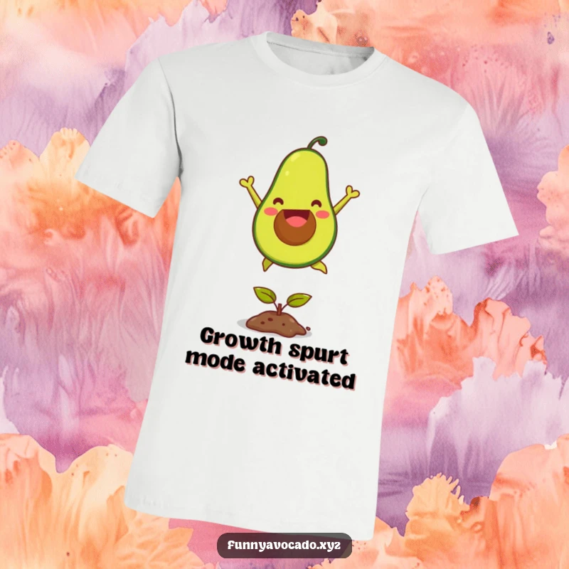 Funny joyful avocado t-shirt, mid-air leaping over a tiny seedling, capturing a moment of pure, humorous elation.