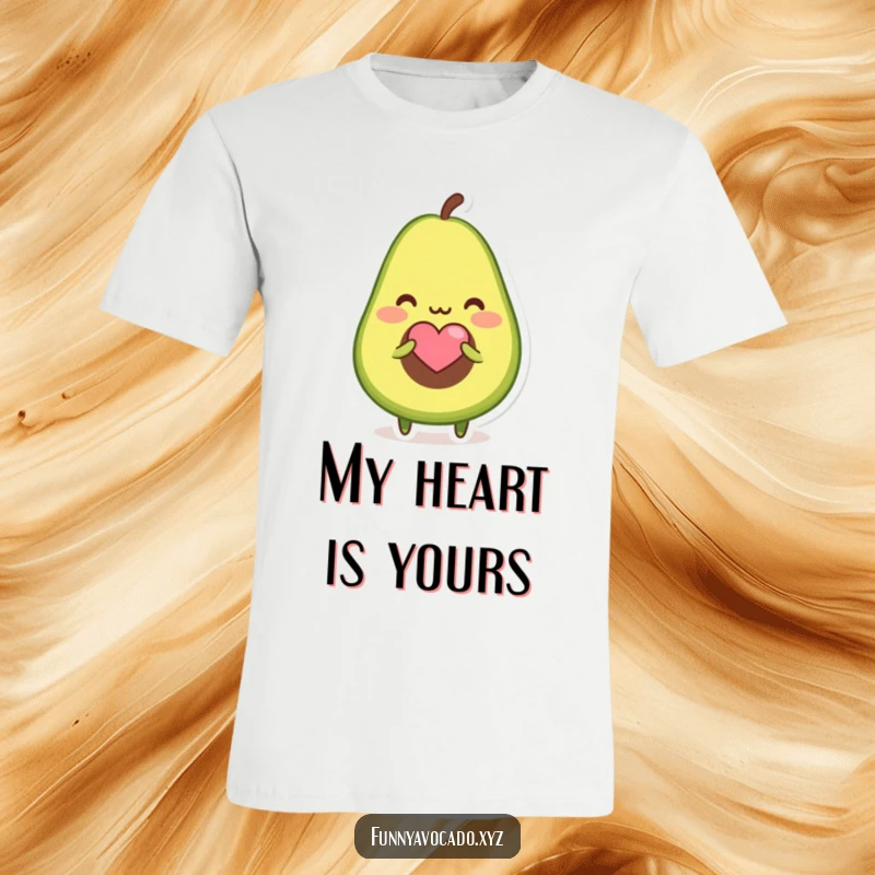 Funny t-shirt depicting a blushing avocado character offering a tiny heart-shaped seed, a symbol of love.