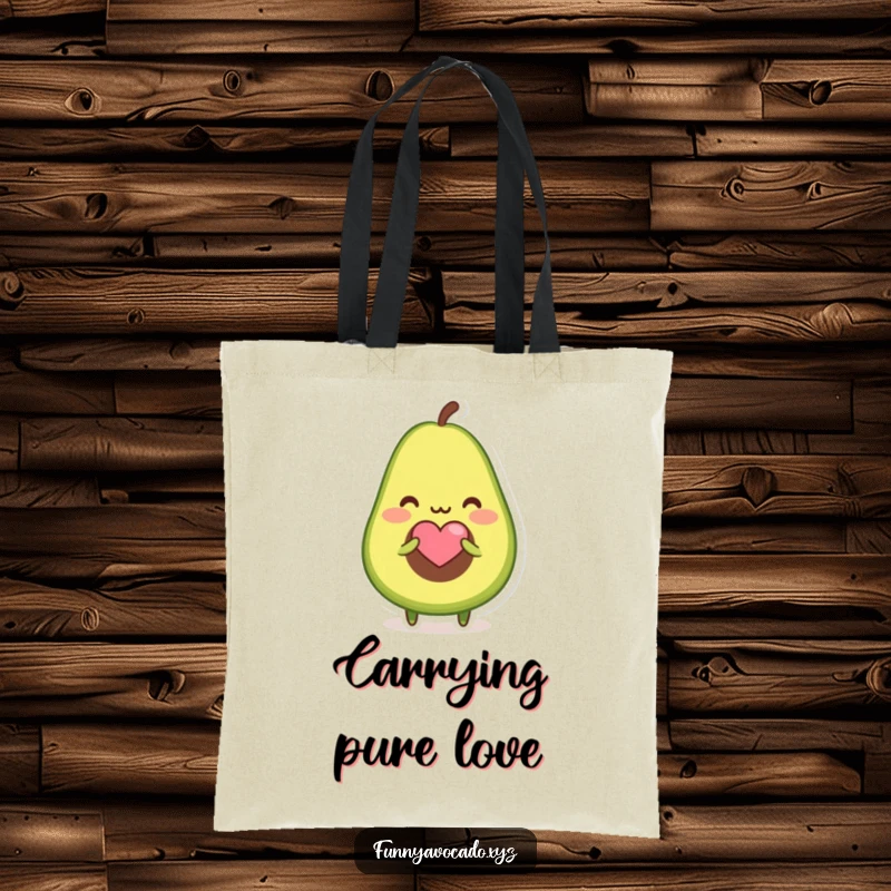 Funny tote bag with a blushing avocado character offering a tiny heart-shaped seed, perfect for carrying love.