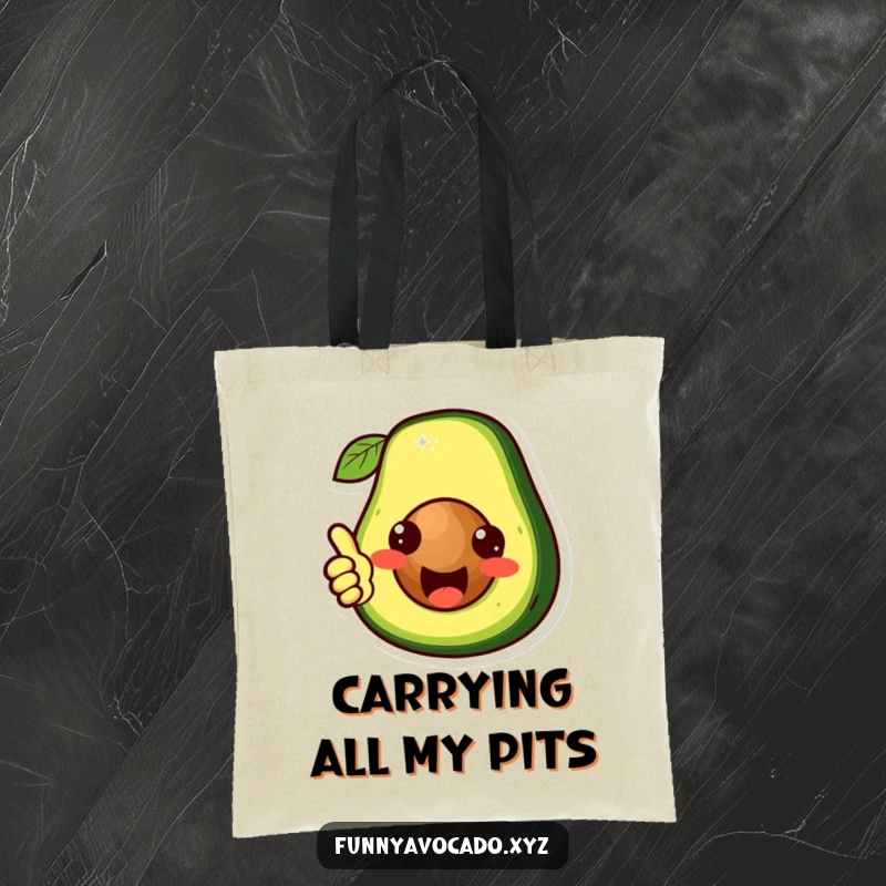 Funny cute avocado character tote bag, its pit giving a thumbs up, a whimsical and useful accessory, ideal for a funny gift.