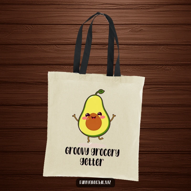 Funny Avocado Tote Bag: A smiling avocado with tiny legs doing a hilarious dance, a practical and funny accessory.