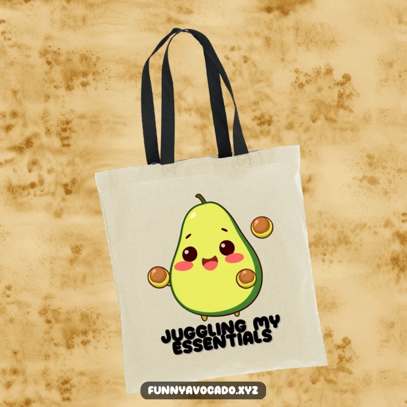 Funny Avocado Tote Bag: A cheerful avocado juggling two pits, a humorous and practical accessory.