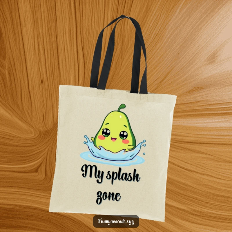Funny avocado with big googly eyes having a splash party, a practical and humorous tote bag.
